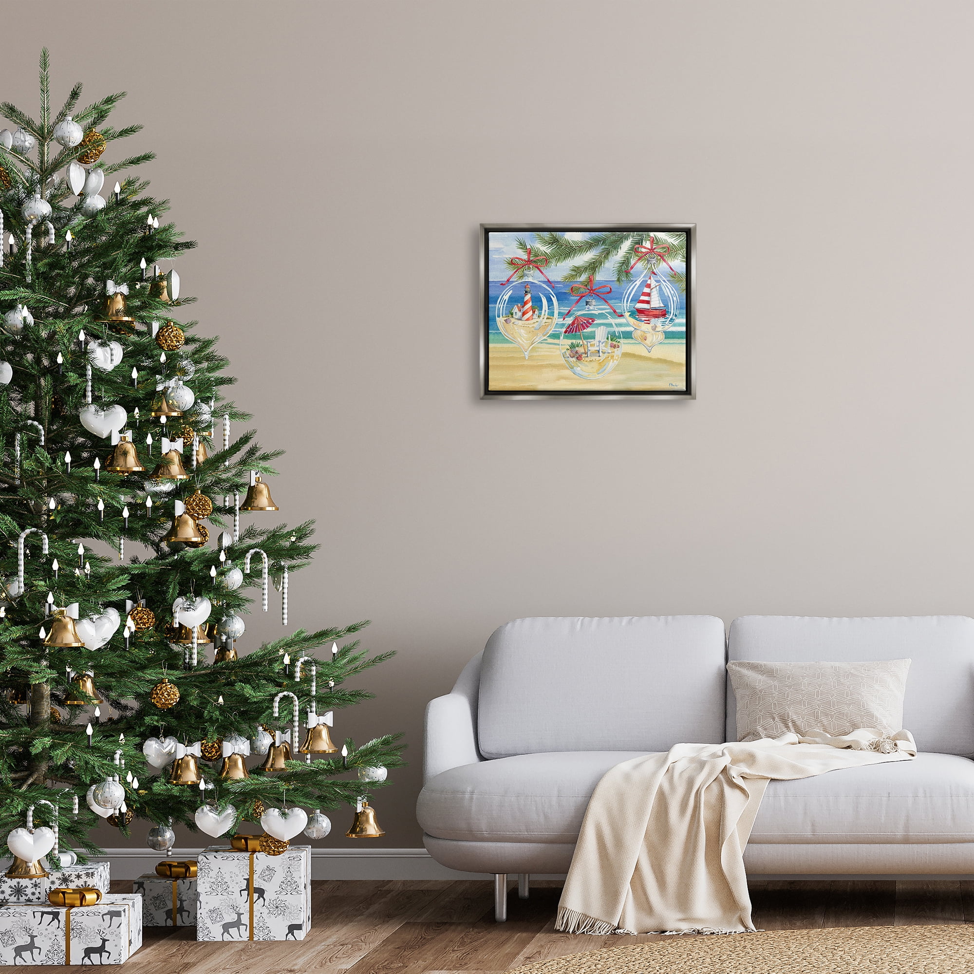 Stupell Industries Coastal Christmas Ornaments Holiday Painting Gray Floater Framed Art Print Wall Art, 21 x 17