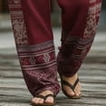 thumbnail image 4 of Tsivenald Linen Pants Men Baggy Harem Vacation Trousers Ethnic Printed Patchwork Breathable Loose Fit Mens Bohemian Beach Bottoms, 4 of 5