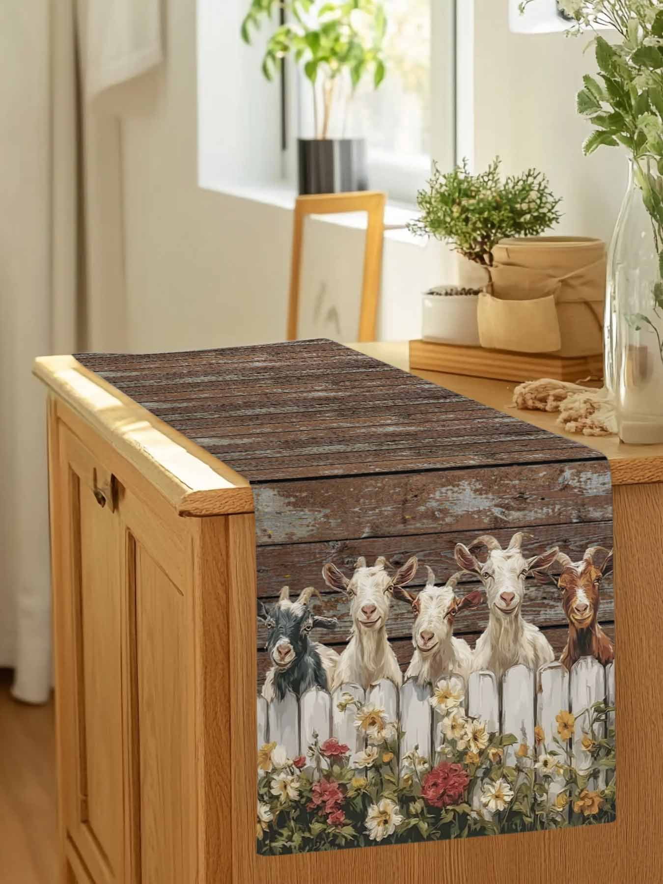 Goats Table Runner, Retro Farmhouse Fence Floral Wood Grain Washable Cotton-linen Table Runners Dining Kitchen Decoration for Everyday Home Wedding Party Decor, 13 x 108 Inch
