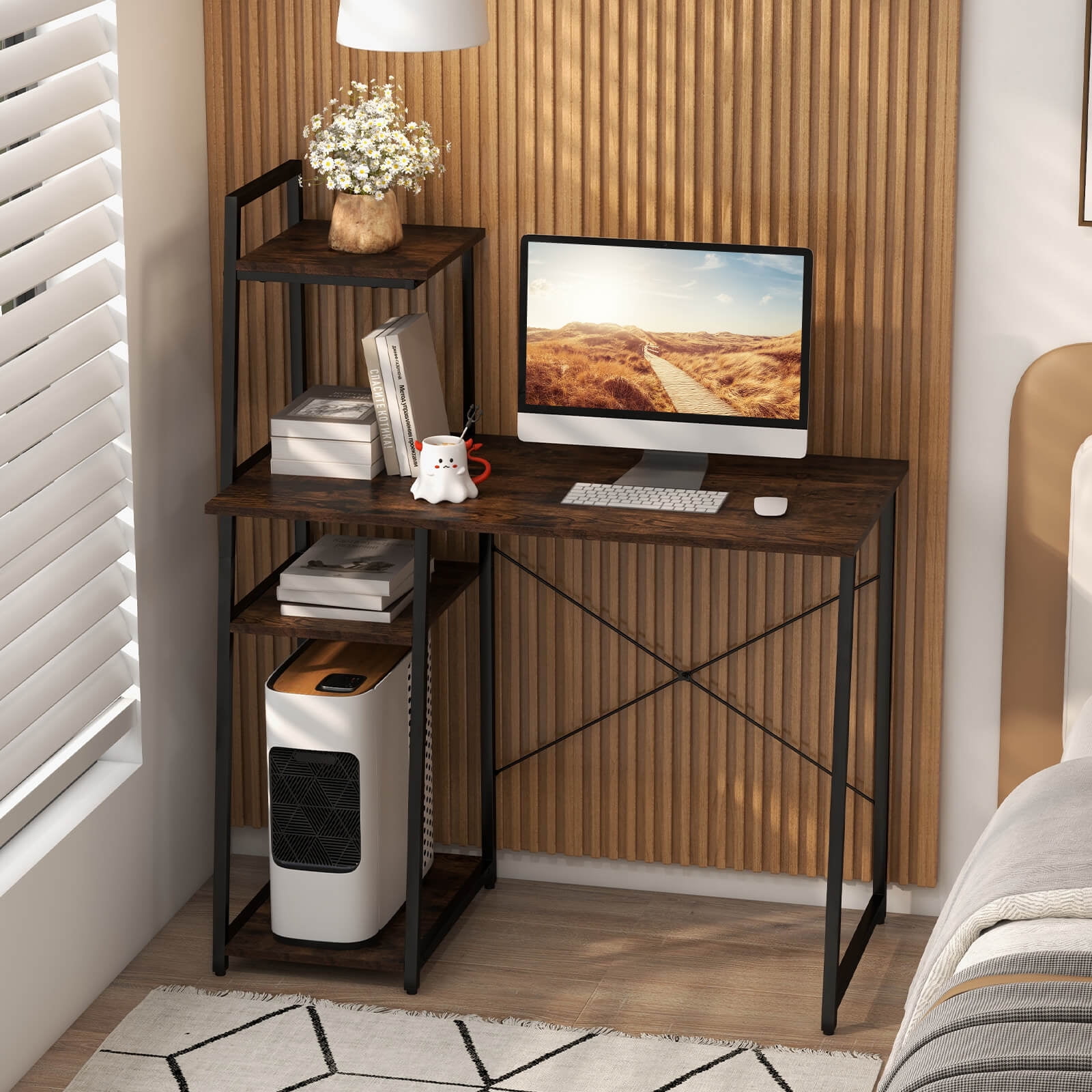 Costway Modern Computer Desk with 3-tier Storage Shelf CPU Stand Metal Frame for Bedroom