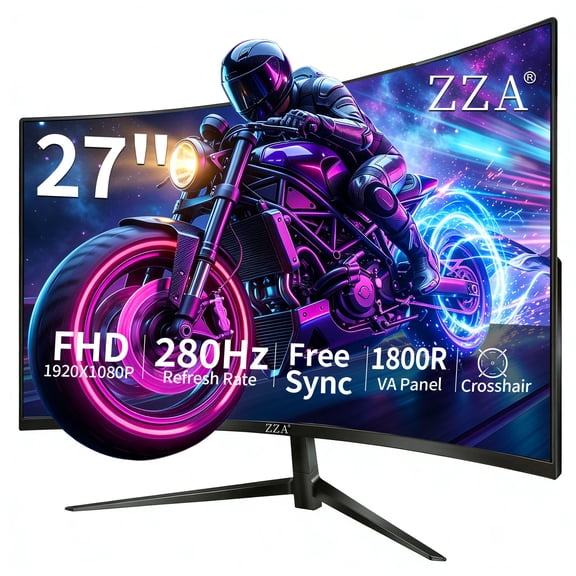 ZZA 27" Curved Gaming Monitor, 280Hz FHD 1080P 1ms, AMD FreeSync Premium, 100% sRGB, Low Motion Blur, Eye Care, HDMI & DisplayPort, VESA Mountable, for PC Desktop Laptop PS5 Home Office, Black