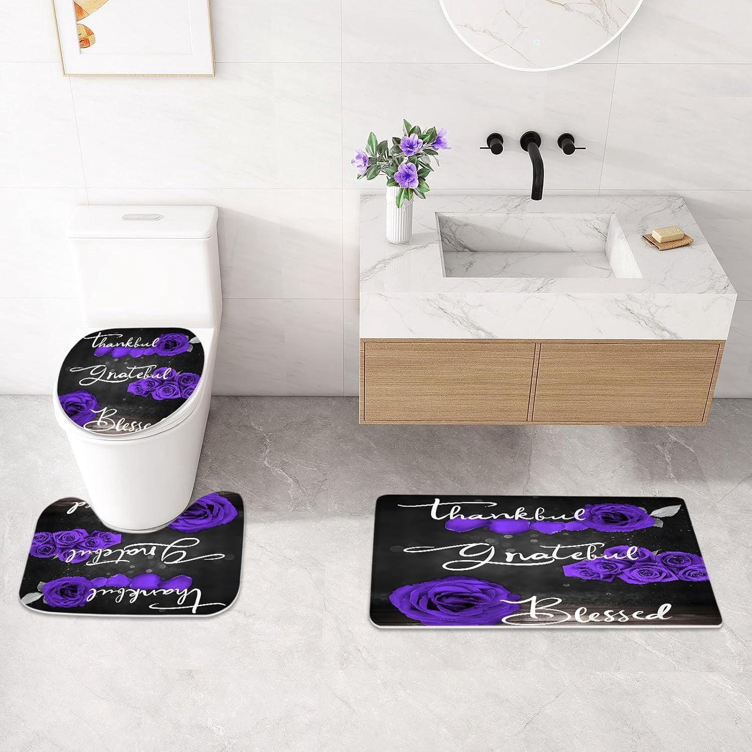4 Pcs Red Rose Shower Curtain Set with Non-Slip Rugs, Toilet Lid Cover and Bath Mat, Thankful Grateful Blessed Romantic Showy Elegant Floral Bathroom Decor Set with Shower Curtain and Rugs