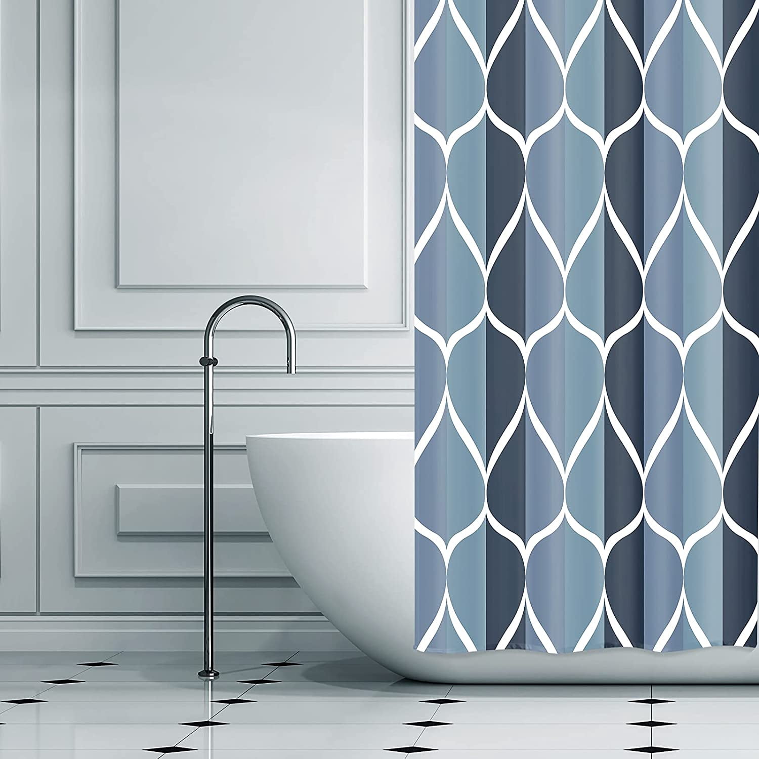 Aegean Blue Geometric Shower Curtain, Waterproof Design and Polyester, Quick-Drying, Weighted Hem, Blue Fabric Shower Curtains Set for Bathroom W 36 x H 72, Durable and Washable with 8 Hooks