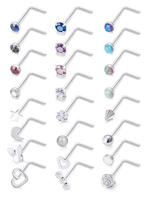Yaalozei 18G 20G Nose Rings Studs Surgical Steel Nose Nostril CZ Inlaid 2MM-3MM Piercing Jewelry for Women Men Girl 24 Pcs 20G L Shaped + Silver Tone