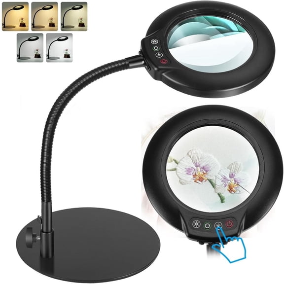 Veemagni Magnifying Glass with Light, Real Optical Glass Lens, 5 Adjustable Color Modes Dimmable LED, Flexible Gooseneck Hands-Free Magnifier with Stable Base Stand for Crafts Painting Sewing Reading