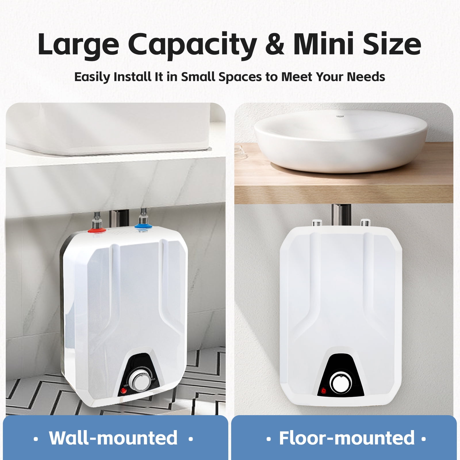 1500W 6L Electric Instant Hot Water Heater for Kitchen Bathroom Sink, 110V On-Demand Heating Water Heater 55- 70℃ White