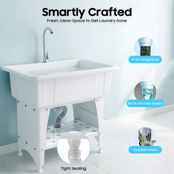 Utility Sink Laundry Tub Freestanding Laundry Sink With Drainboard Faucet White