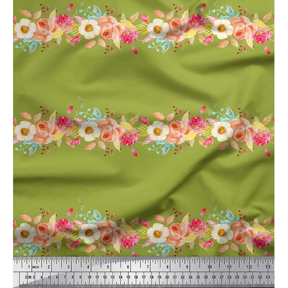 Soimoi Green Cotton Voile Fabric Leaves & Rose Floral Decor Fabric Printed Yard 56 Inch Wide