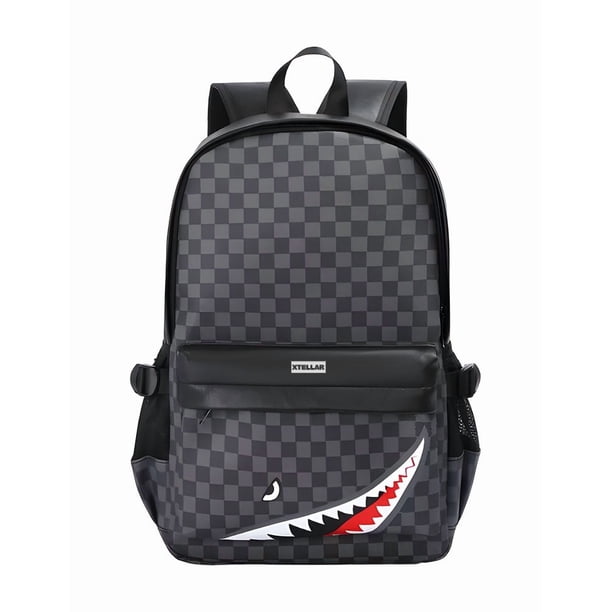 Mochila XtellarTiburón Para Hombre color negro, Estilo Casual De Viaje, Estampado Cuadros, Mochila Escolar Y Para Laptop, Multifuncional