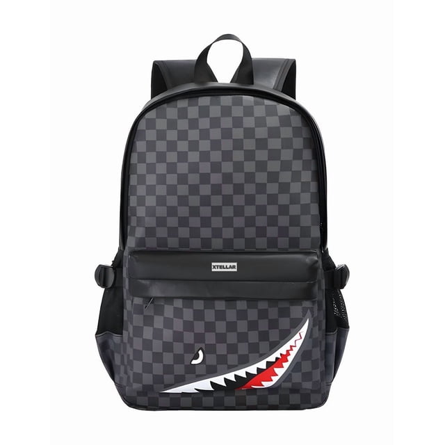 Mochila XtellarTiburón Para Hombre color negro, Estilo Casual De Viaje, Estampado Cuadros, Mochila Escolar Y Para Laptop, Multifuncional