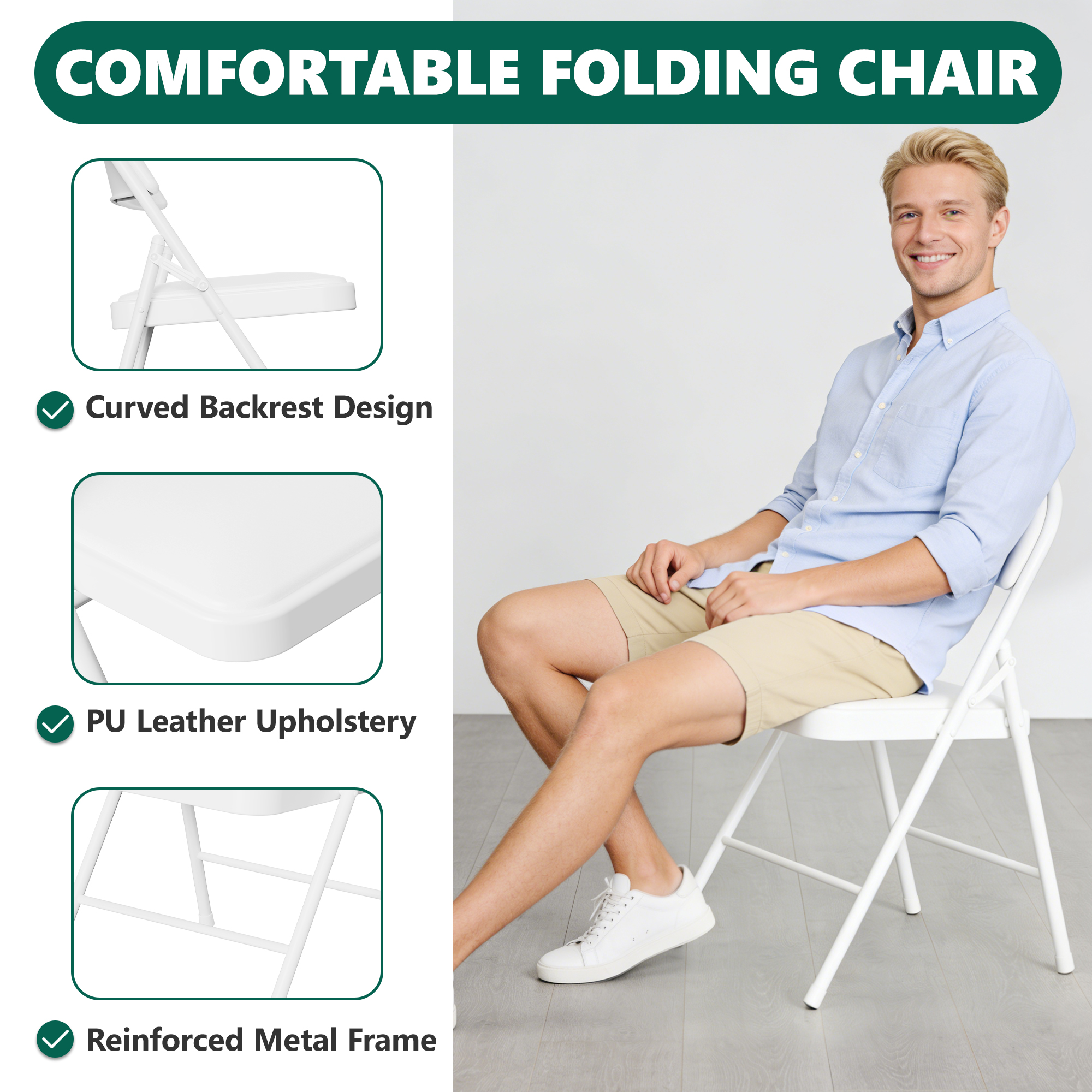 HaiCube 2-Pack PU Leather Folding Chair, White photo 3