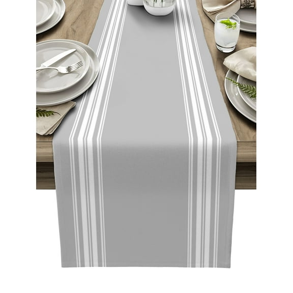 Ldtrchee Grey Striped Table Runner 60 Inches, Luxurious White Stripes Modern Abstract Art Bed Runner Dresser Scarves Tabletop for Indoor Outdoor Parties/Ceremony/Banquet, 13" x 60"
