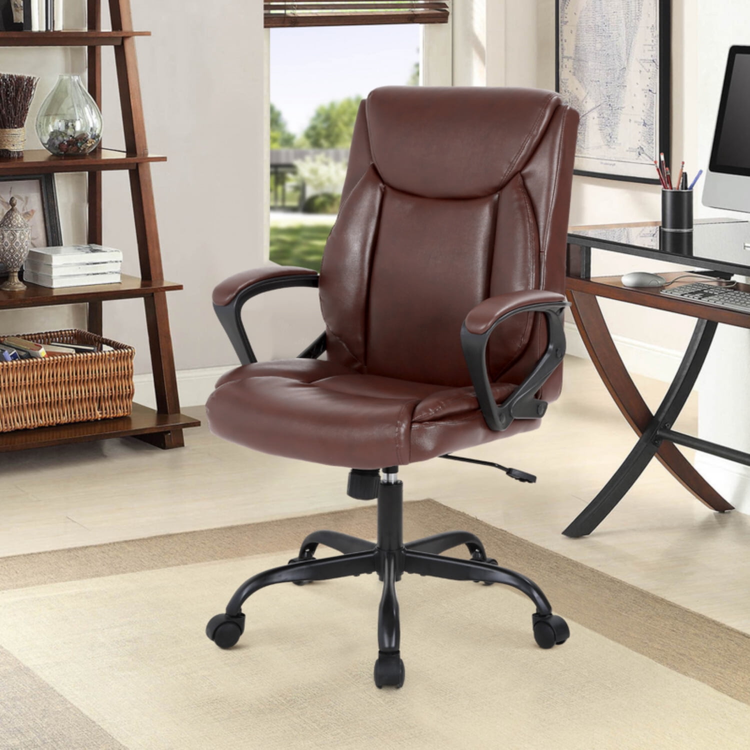 Home Office Chair Ergonomic PU Leather Desk Chair Mid Back, Swivel and Armrests
