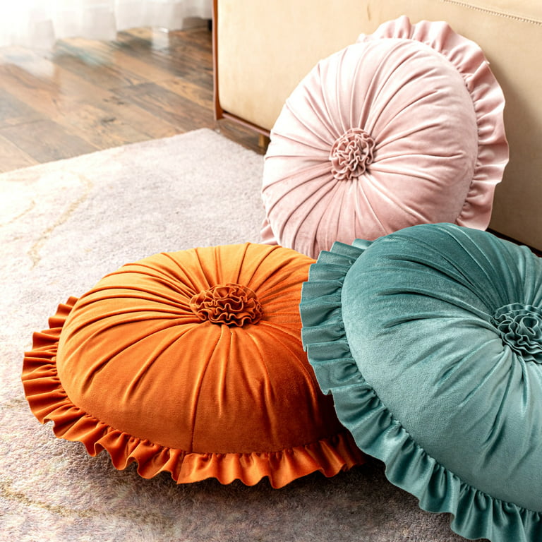 Hapeisy Round Pillow Cushion for Couch Velvet Decorative ,Cotton Round  Ruffled Soft Pillows, for Couch Chair Bed Car Living Room,17.7inch