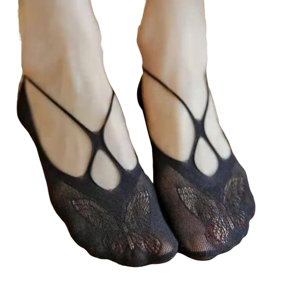 Xinwanna Women's No Show Lace Socks Low Cut Invisible Toe Topper Half Socks Summer Yoga Liner Socks with Non-Slip Heel Grip (Black,One Size)