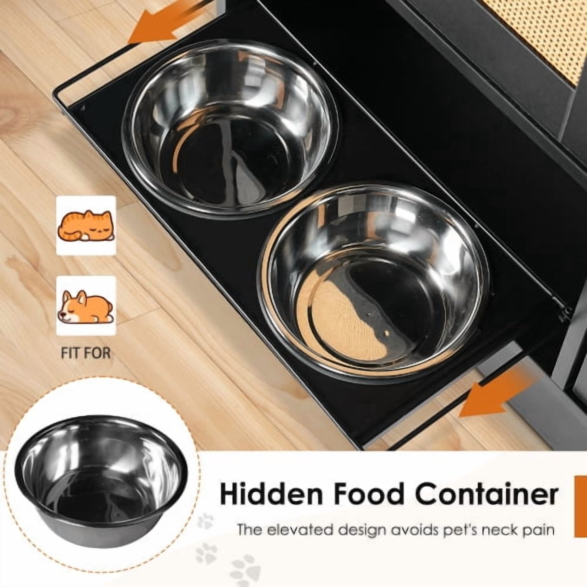 Pet Feeding Station with 2 Lockers and Elevated Dog Bowls Side Hooks Anti-Tipping Kit Rattan Door for Kitchen and Living Room, Black and Vintage