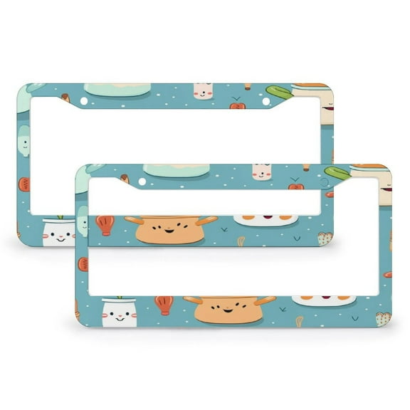 2 Pcs Set Cute Cooking Pot And Kitchen Utensils License Plate Frames Lovers Cook Gifts Customized Decor Car Tag Aluminum Metal 2 Holes for Girl Women Men Vehicles