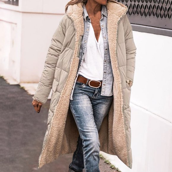lcziwo Coat for Women Long Length,Women's 2024 Winter Thicken Warm Jacket Oversized Sherpa Fleece Lined Long Hooded Coats Jackets Khaki,L