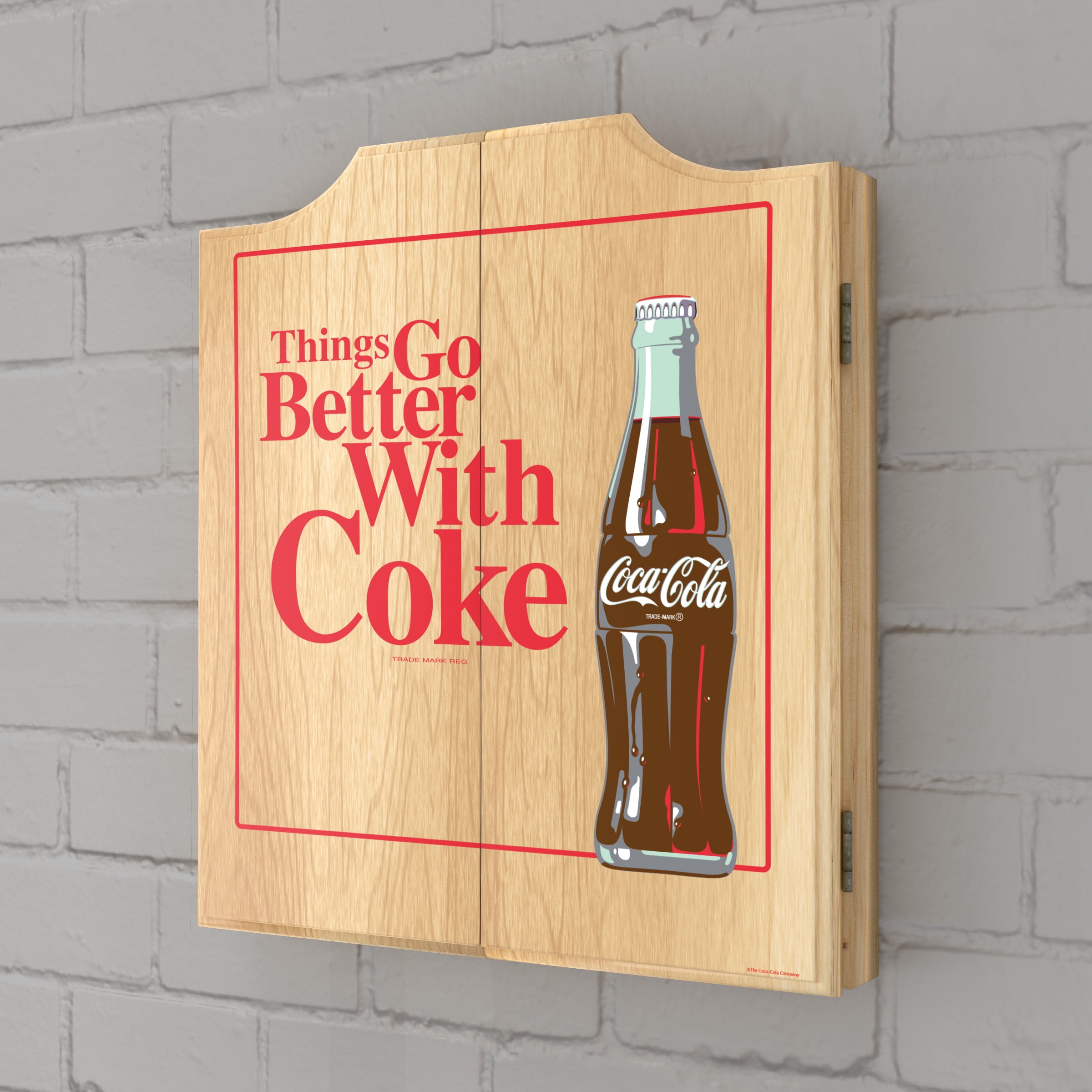 Coca-Cola Better With Coke Dart Board Cabinet Set with 6 Steel Tip Darts