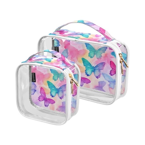 Butterflies Painting Clear Cosmetic Bags with Handles PVC Toiletry Bags Zipper Waterproof Portable for Traveling 2 Pcs