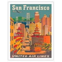 San Francisco California - Cable Car in Chinatown - United Air Lines - Vintage Airline Travel Poster by Joseph Fehér c.1950s - Fine Art Matte Paper Print (Unframed) 11x14in