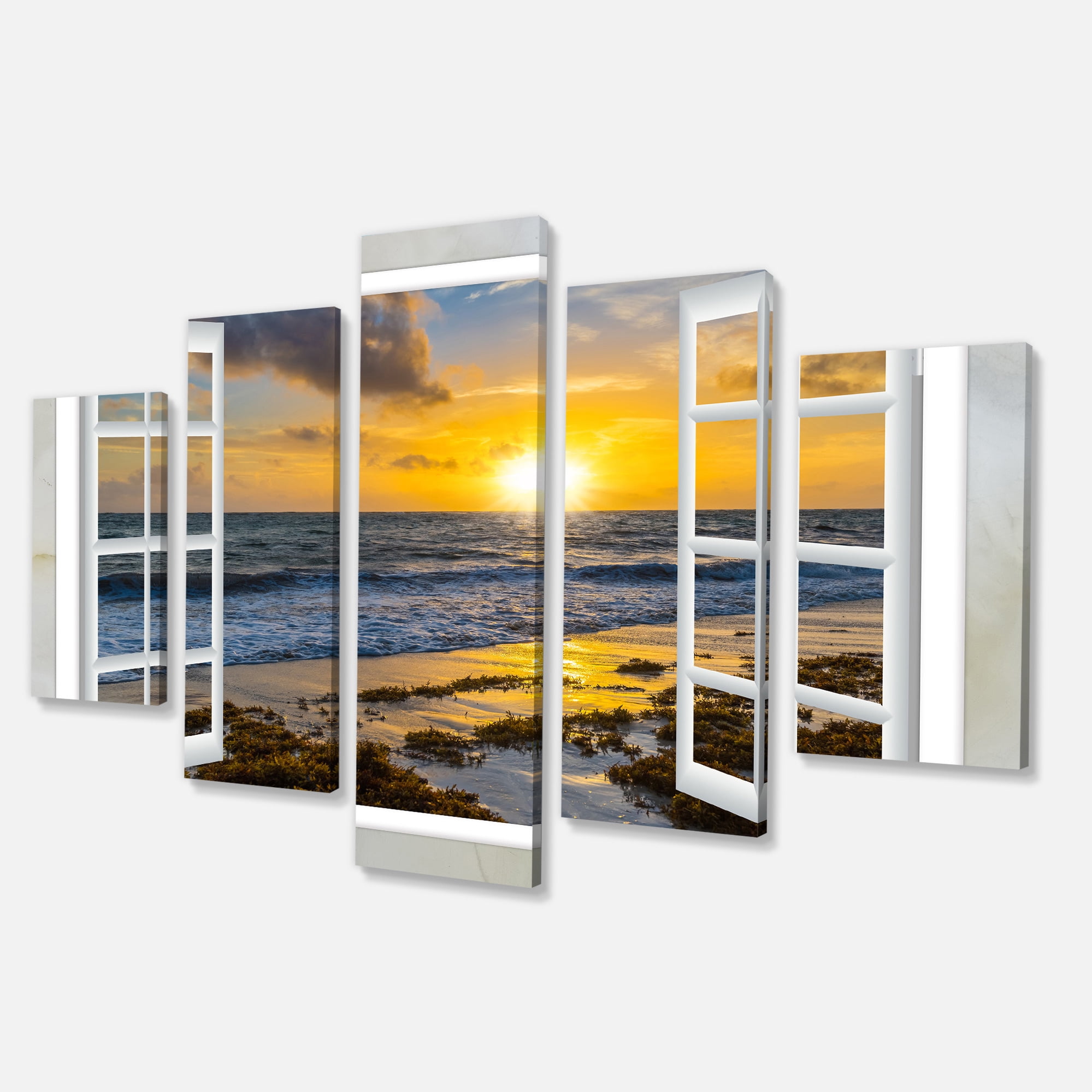 Designart 'Open Window to Bright Yellow Sunset ' Modern Seascape Canvas Artwork