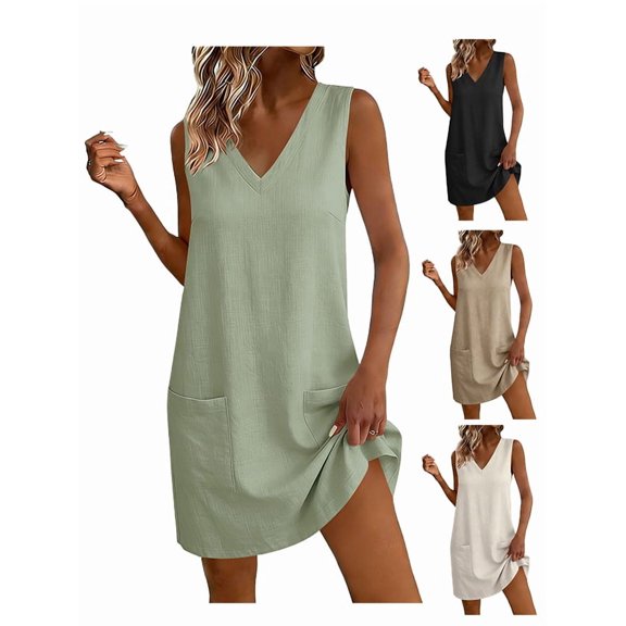 Afuyipoi Womens Cotton Linen Sleeveless V-Neck Loose Casual Mini Dress With Pockets, Soft Breathable Solid Color Shift Dress, Lightweight Flowy Summer Beach Daily Dress For Women Green Size L