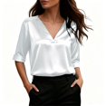 thumbnail image 6 of Silky Satin V Neck Blouse for Women Roll Cuffed 3/4 Sleeve Loose Tunic Shirts Business Casual Tops Lightweight Summer Trendy Outfits White, 6 of 6