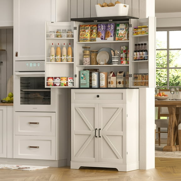 Fairy 72in Farmhouse Kitchen Pantry Cabinet with Adjustable Shelves and Drawer, Off White