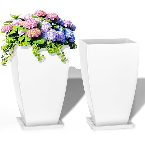 FIASON 2 Pack 21 Inch White Tall Square Planters, 10mm Thick Curved Edges Large Flower Pots with Multiple Drainage Holes & 2-in-1 Saucer, Indoor Outdoor Planters for Front Porch Patio Garden