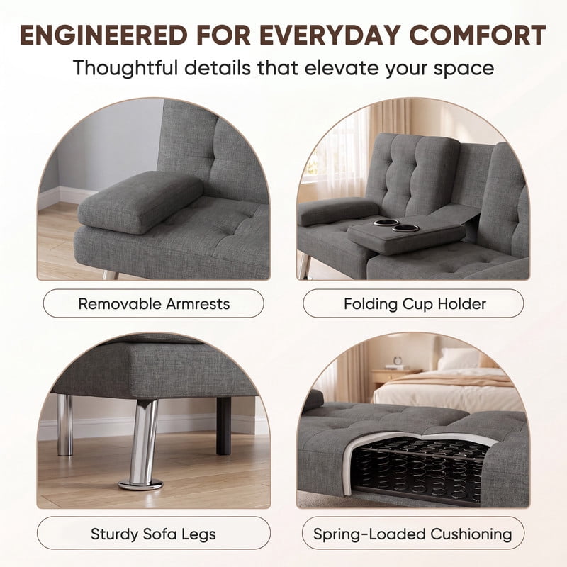 Lacoo Futon Sofa Bed, Linen Convertible Couch Sleeper Sofa, Cup Holders, Small Spaces,Drak Gray