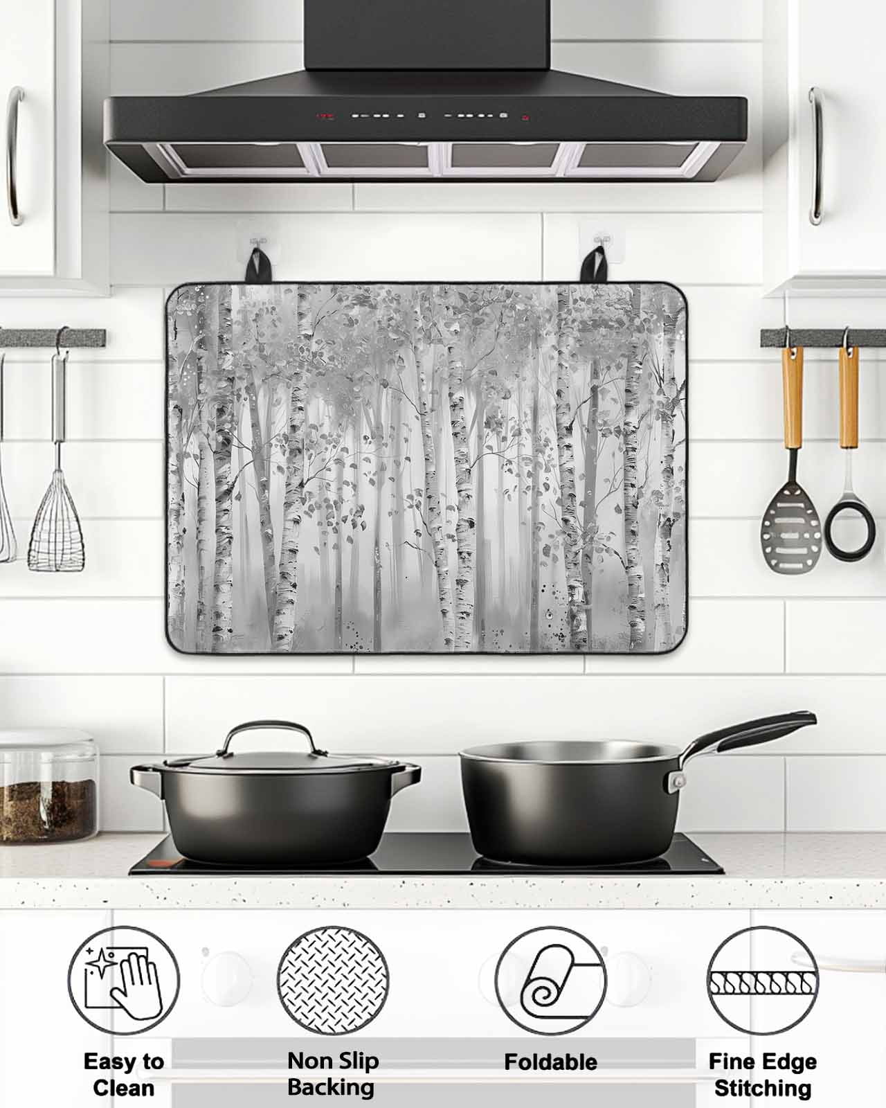Stove Top Covers for Electric Stove, Gray Grey Forest Glass Stovetop Cover Protector, Grey Modern Art Oil Painting Induction Cooktop Protector Oven Mat for Kitchen Countertop 36"x21"