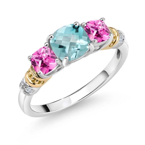 Gem Stone King 925 Silver and 10K Yellow Gold Sky Blue Topaz Pink Created Sapphire and Diamond 3-Stone Ring for Women (1.82 Cttw, November Birthstone, Cushion Checkerboard 6MM and 4MM, Size 5)