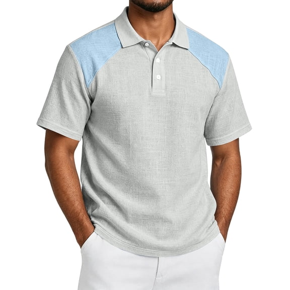 Fabrcox Short Sleeve Polo Shirts for Men Collared Henley Linen Shirt for Men Breathable Relaxed Fit Color Block Vacation Workout Mens Golf Shirts Gray XL