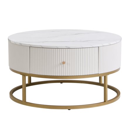 31.5 Inch Modern Round Coffee Table with Drawers - Faux Marble Top and Storage - Perfect for Living Room Decor