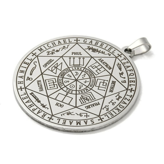 6 pc 304 Stainless Steel Pendants Laser Cut Seven Archangels Seal Coin Charm Stainless Steel color 38x35x1.5mm Hole: 6x3mm