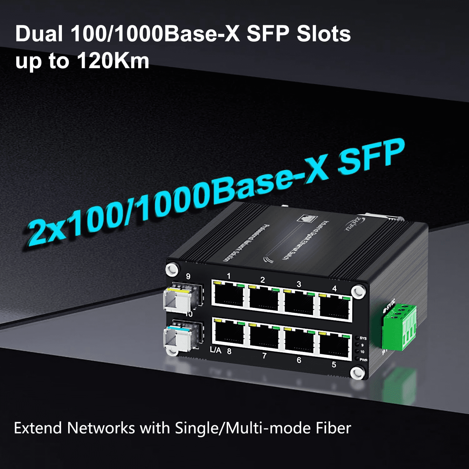 Compact Industrial Managed 8-Port Gigabit Switch with 2 SFP Slots, DIN Rail Mount, Web Management, -40°C to 80°C for IP Cameras & Wireless APs