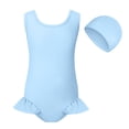thumbnail image 1 of Girls One Piece Swimsuit with Matching Swim Cap Sleeveless Ruffle Hem Bathing Suit Beach Pool Swimwear, 1 of 4