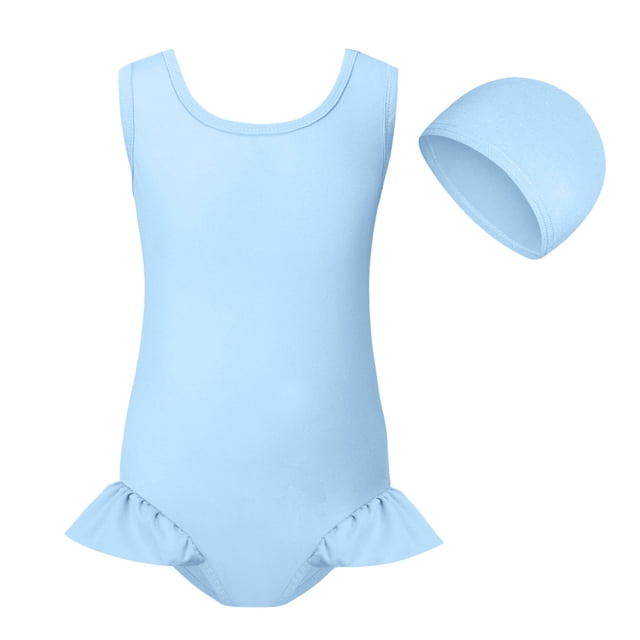 Girls One Piece Swimsuit with Matching Swim Cap Sleeveless Ruffle Hem Bathing Suit Beach Pool Swimwear