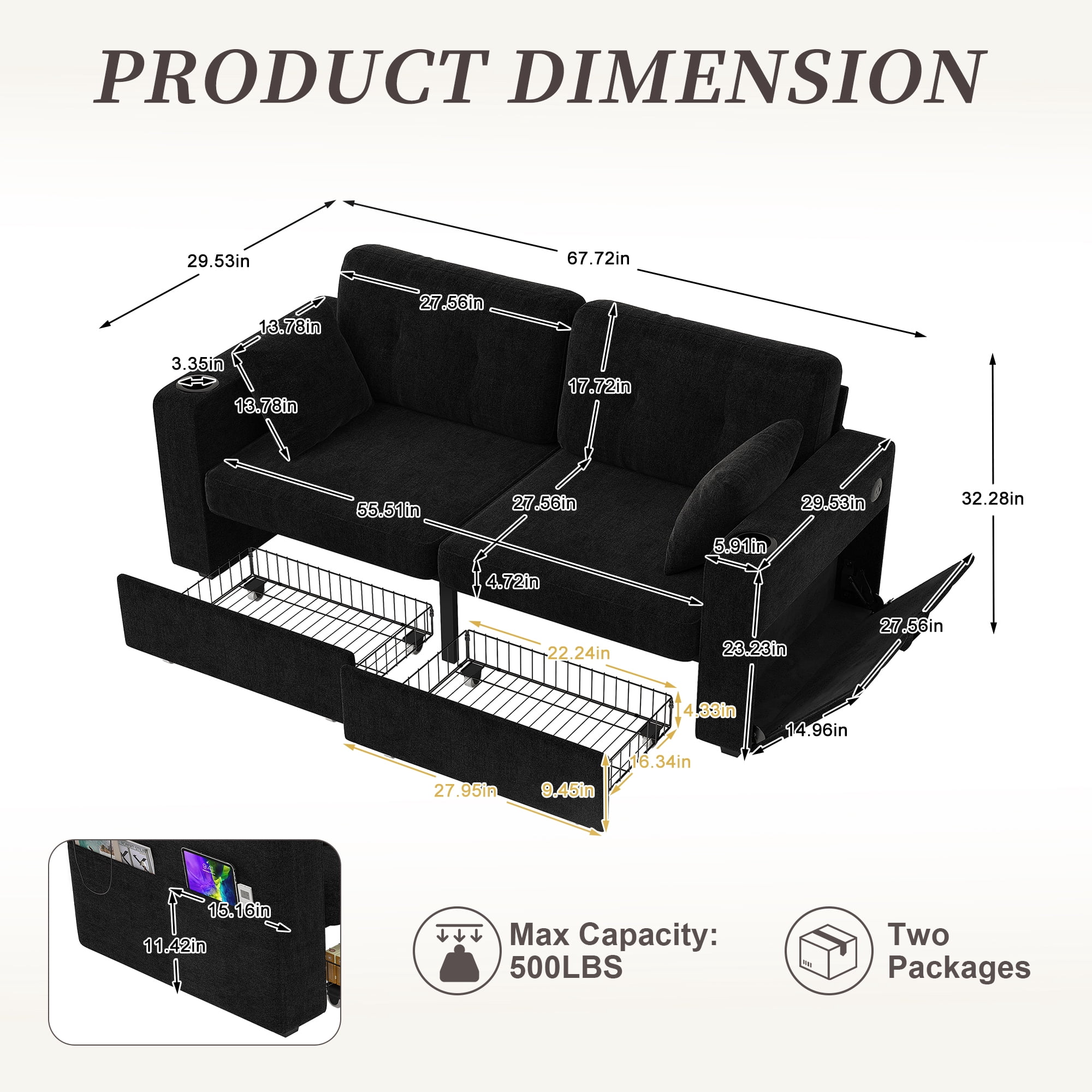 68" Chenille Two Seater Couch, Living Room Loveseat with Usb Charging, Upholstered Loveseat with Storage for Living Room, Black