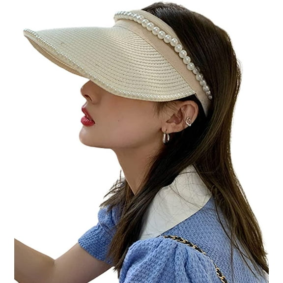 CoCopeaunts Women's Wide Brim Sun Hats, Pearl Straw Sun Visor Hat Summer UV Protection Beach Cap, Straw Golf Visor Hat for Girls