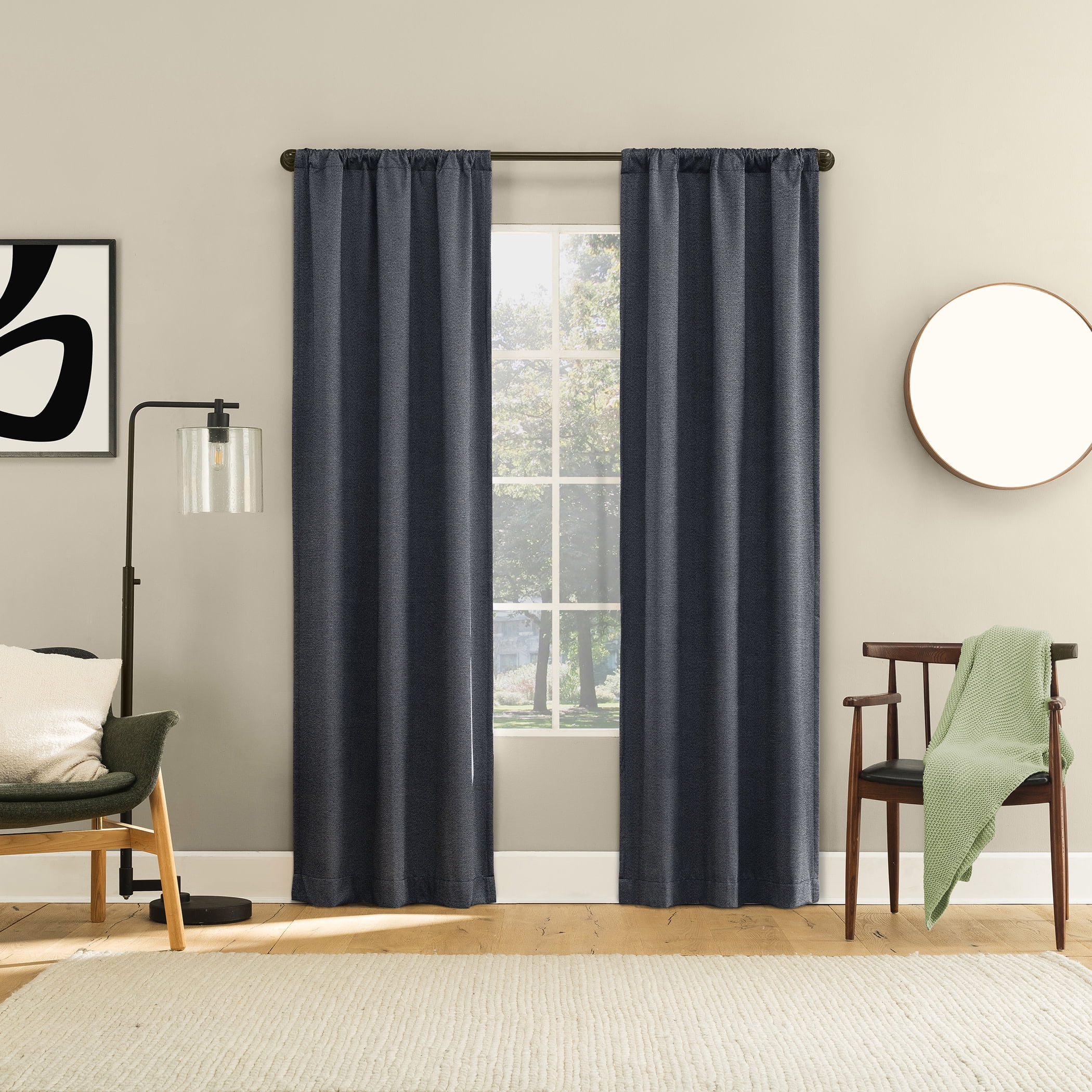 Sun Zero Prescott 2-pack Herringbone Magnetic Closure 100% Blackout Rod Pocket Curtain Panel Pair, 37"W x 63"L, Navy