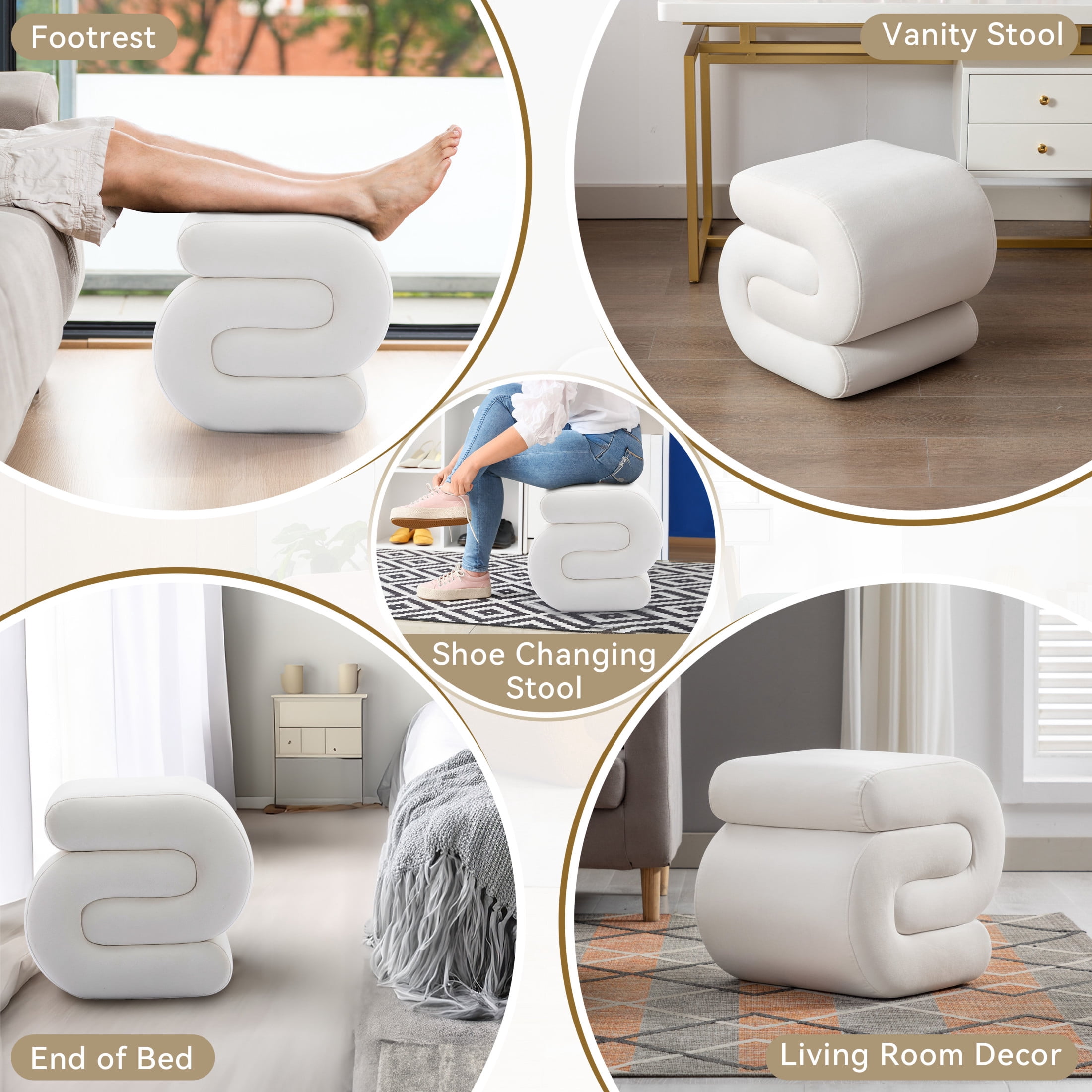 Noble House Rache 19" S-Shape Velvet Accent Ottoman, Plush Makeup Footrest Table Stool with Foam, White