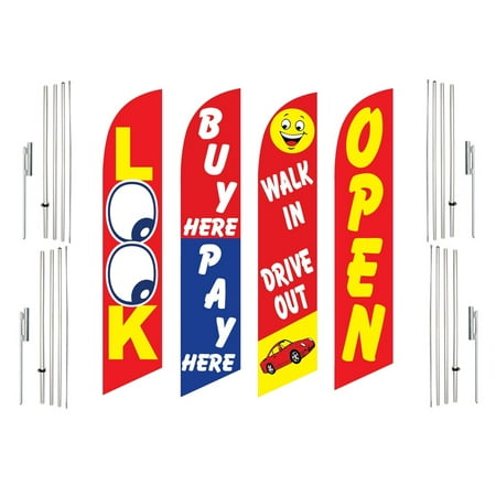 4 Swooper Flags With 4 Pole Kits Look Buy Pay Here Walk In Drive Out Open