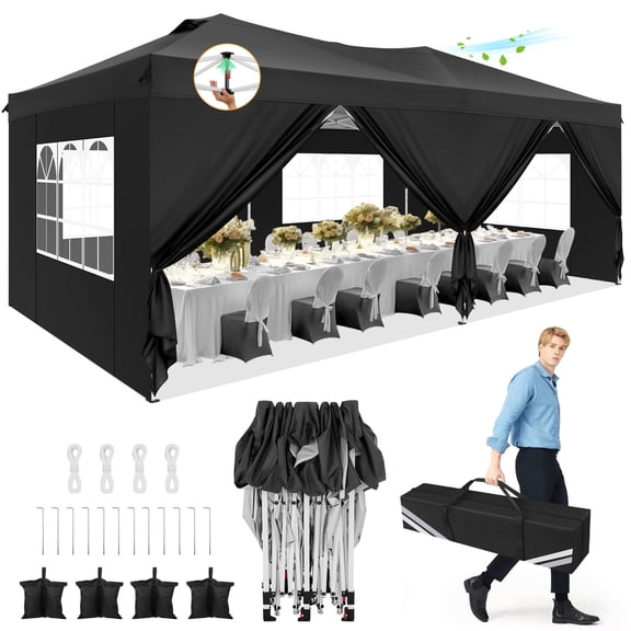 HOTEEL 10x20 Pop up Canopy Tent, Waterproof Commercial Tent with 6 Removable Sidewalls & Air Vent,One Push Setup Outdoor Sun Shelter Gazebo for Parties, Wedding, Black