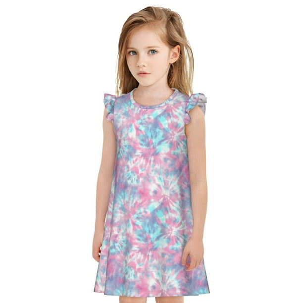 Fotbe Tie Dye Vestido de Dormir para Niñas de 3 a 10 Años, Mangas Cortas, Estilo Princesa, Pijama Camisón con Mangas Voladas-Medium