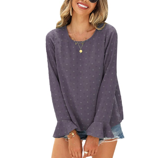 Blusa de trabajo acampanada para mujer con cuello redondo y mangas largas, gris oscuro, talla L Blusa de jacquard con lunares