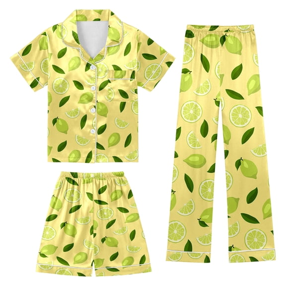 Girls 3Pcs Pajamas Satin Button Down Pjs Short Sleeve Top Shorts & Long Pants Cute Patterns Valentine's Day Pajama Outfit with Pockets Loungewear Nightwear Nighty for Teens
