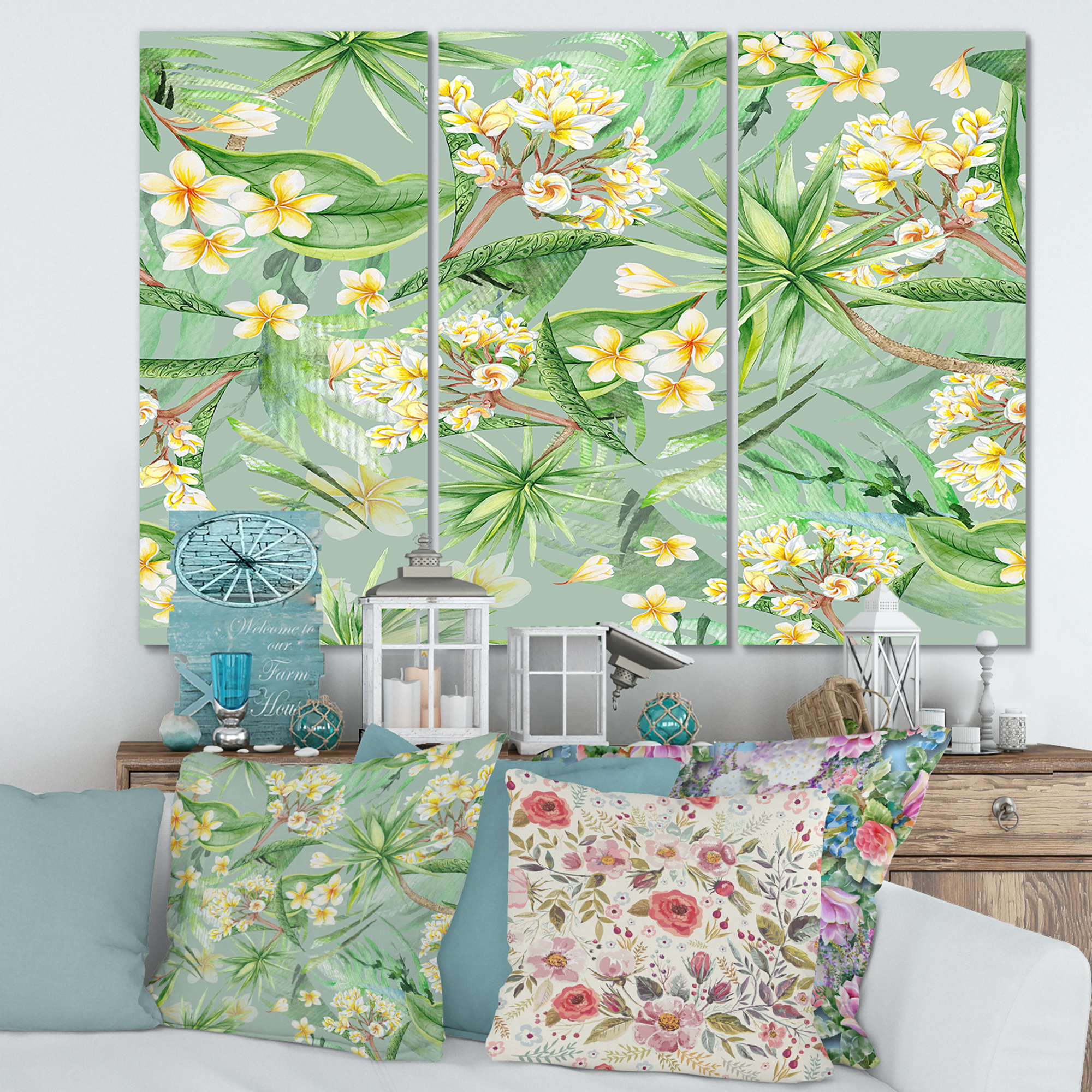 Designart ' Yellow Flowers and Tropical Foliage XIV ' Modern Canvas Wall Art Print