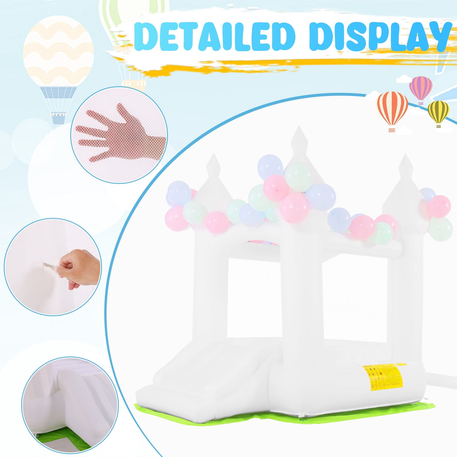 Funcid Inflatable Bounce House, Indoor Outdoor Bouncy Castle with Slide, Blower & 108 Air Balloons for Kids 3-8, 102"x70"x97", White